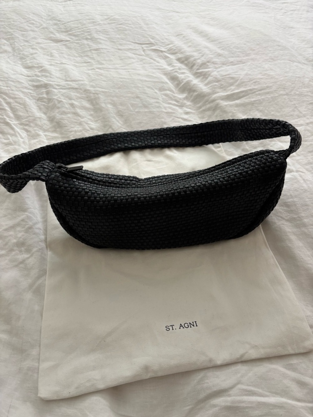 St. Agni Black Woven Leather Crescent Bag Purse - Picture 2 of 9